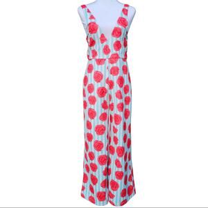 Shinesty Rose Print Jumpsuit Size S Blue Stripe Pink Sleeveless Wide Leg Crop